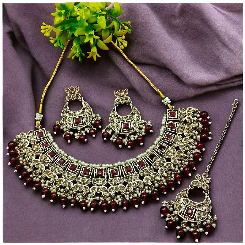 Women’s symbol necklaces-Gehana Mahal Gold Plated Crystal Stone Pearl And Beads Necklace Set