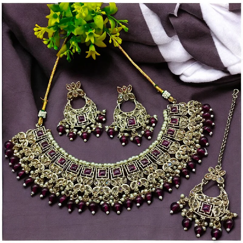 Women’s flower pendant necklaces-Gehana Mahal Gold Plated Crystal Stone Pearl And Beads Necklace Set