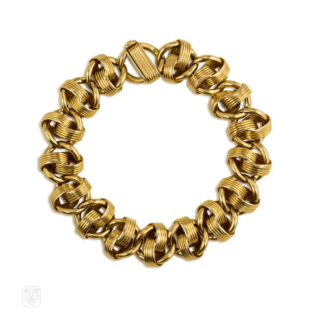 Women’s floral bracelet-Retro Gold Ribbed Link Bracelet, Van Cleef & Arpels