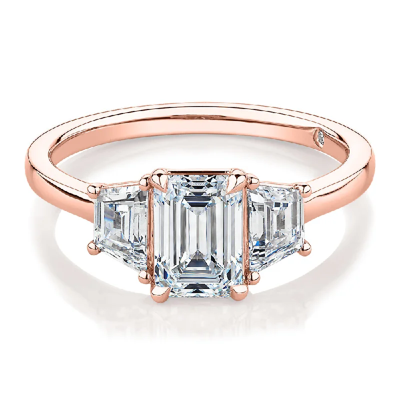 Women’s celestial rings-Signature Simulant Diamond 1.87 carat* TW emerald cut three stone ring in 14 carat rose gold