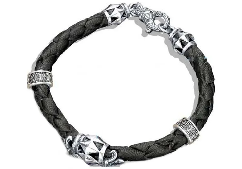 Women’s bangle set-Mens Black Leather And Stainless Steel Bracelet