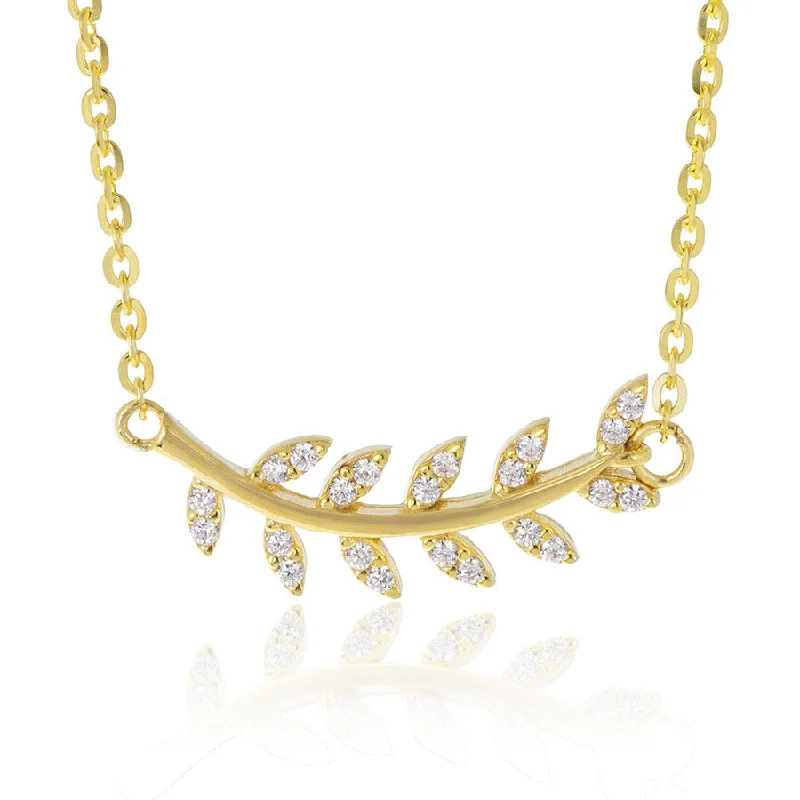 Women’s chunky necklaces-14k Yellow Gold Diamond Leaf Necklace