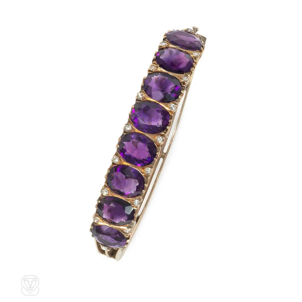 Women’s chic gold bracelet-Antique amethyst, gold, and diamond bangle bracelet