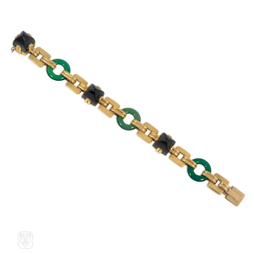 Women’s custom bracelet-Art Deco chrysoprase, onyx, and gold bracelet