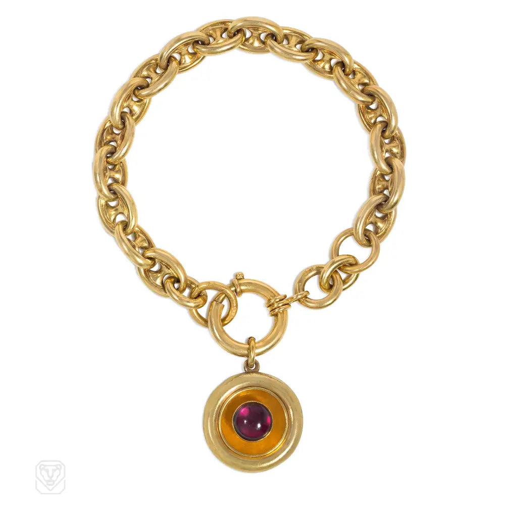 Women’s thin bangle-Antique gold mariner link bracelet with garnet charm