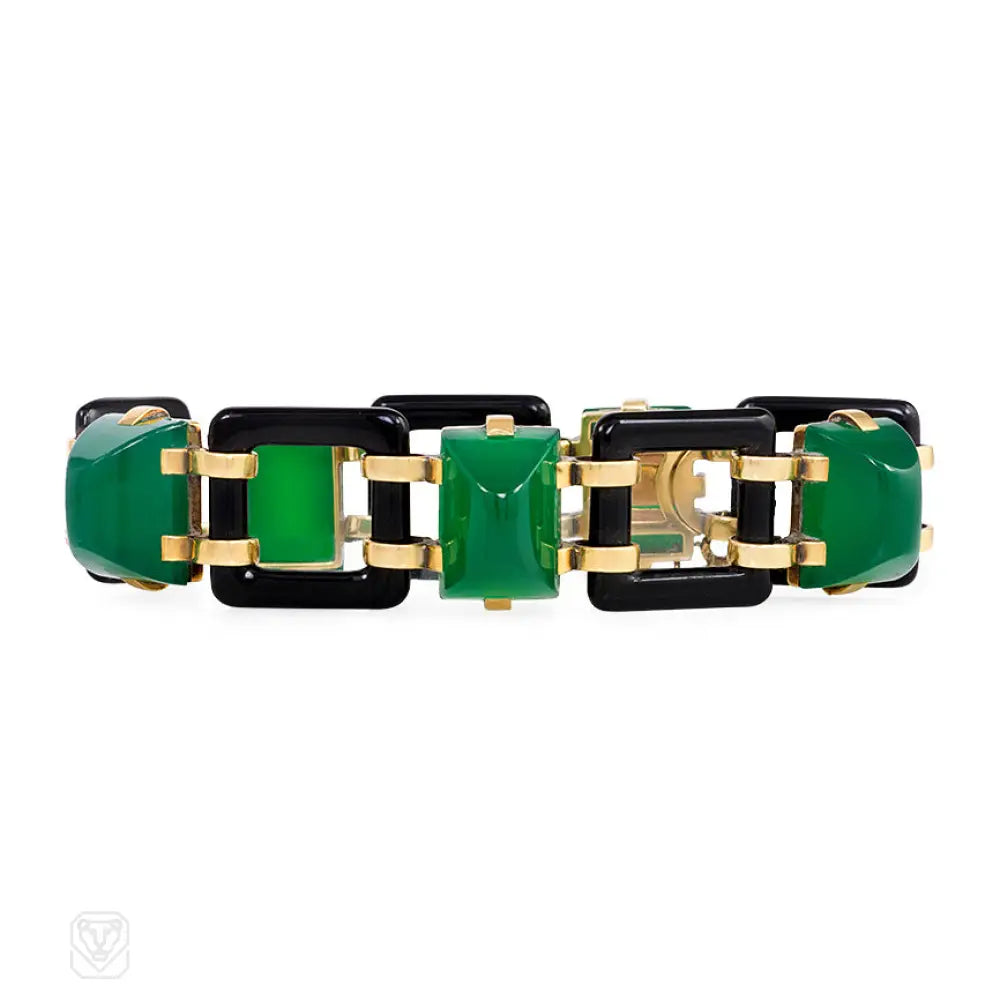 Women’s birthstone bracelet-Art Deco onyx and chrysophrase bracelet