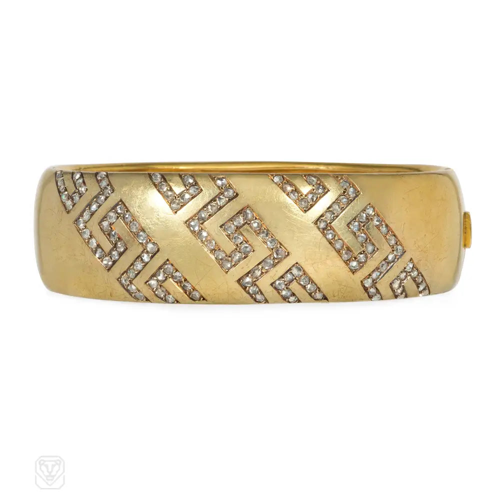 Women’s braided bracelet-Antique gold and diamond Greek key cuff bracelet