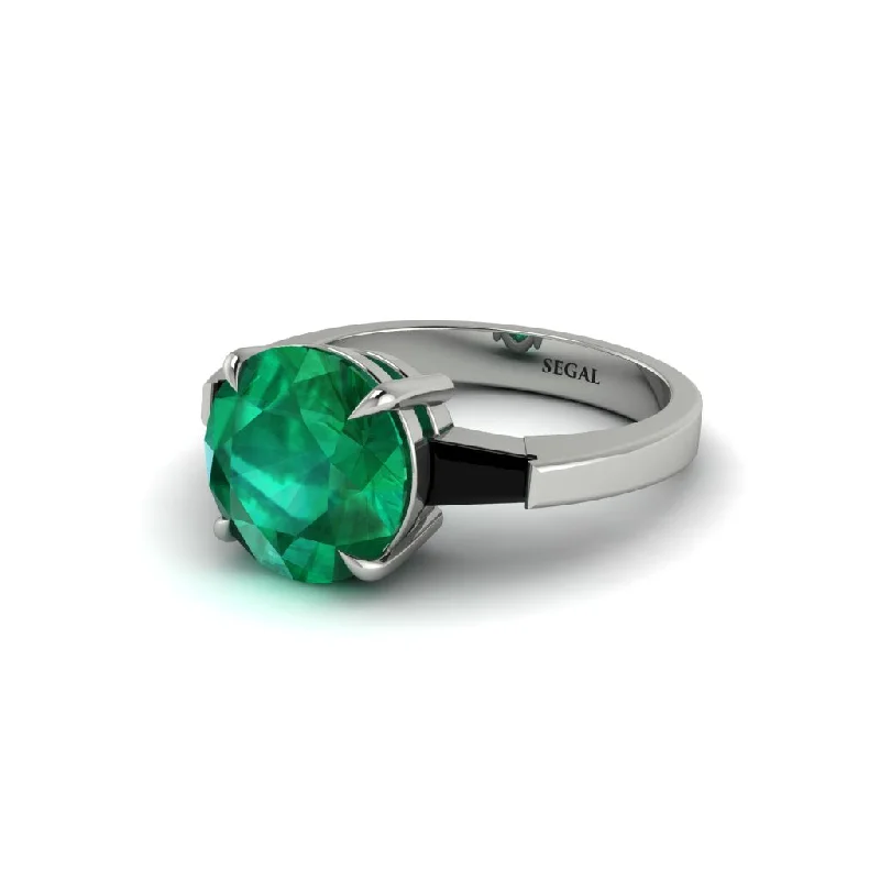 Women’s solitaire engagement ring-3 Stone Round Cut Emerald With 2 Baguettes Engagement Ring - Gwendolyn No. 36