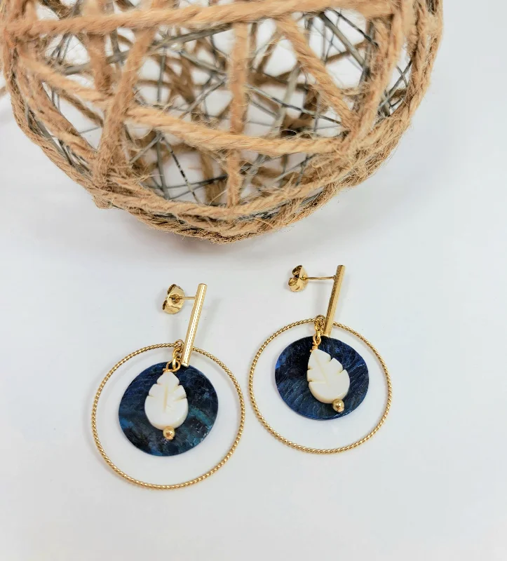 Women’s geometric drop earrings-Blue Shell and Leaf Earrings