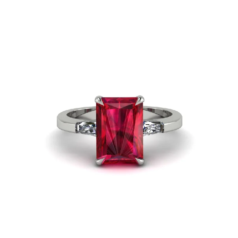 Women’s alternative engagement ring-Three Stone Radiant Cut Ruby Engagement Ring - Hillary No. 12