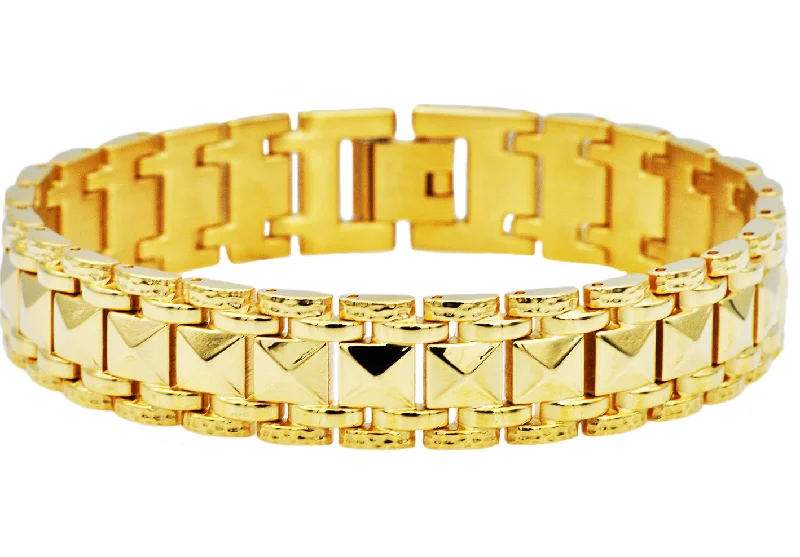 Women’s textured bangle-Mens Gold Stainless Steel Pyramid Link Bracelet