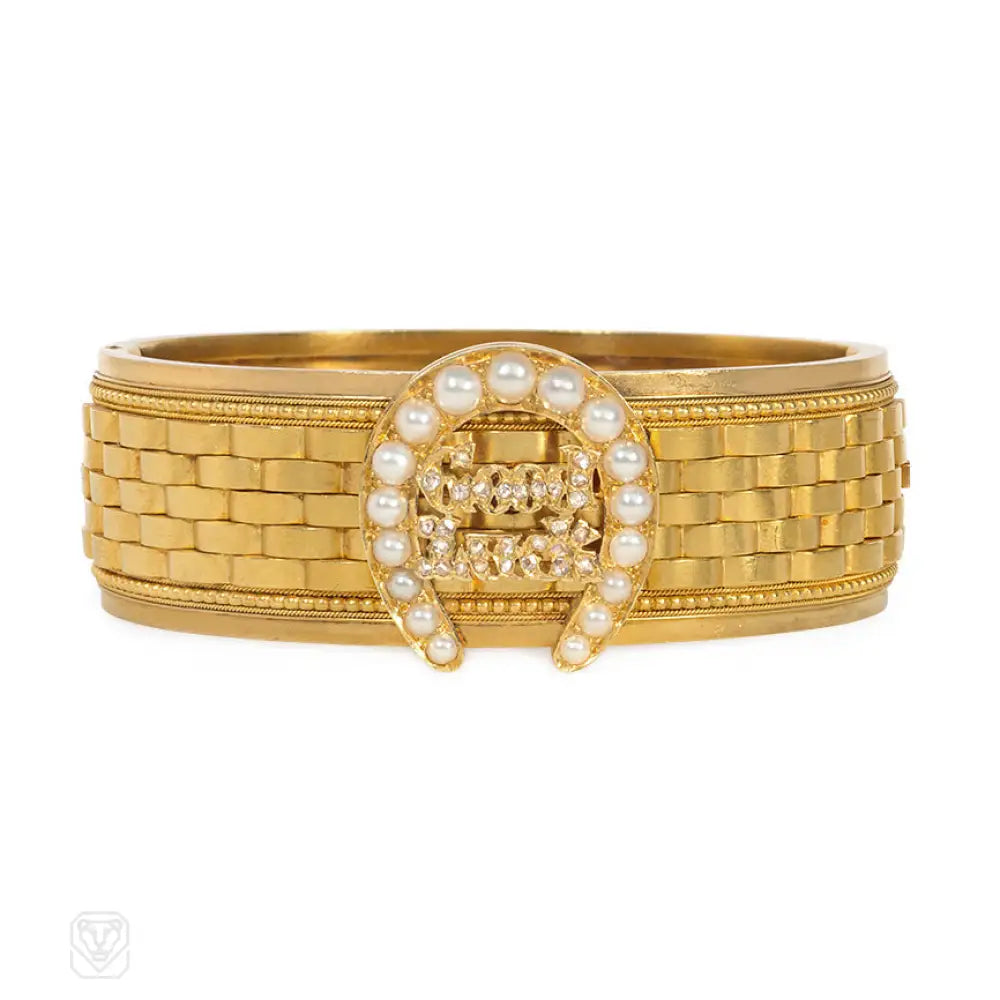 Women’s stacked bangles-Antique gold and diamond "Good Luck" bracelet with pearl horseshoe