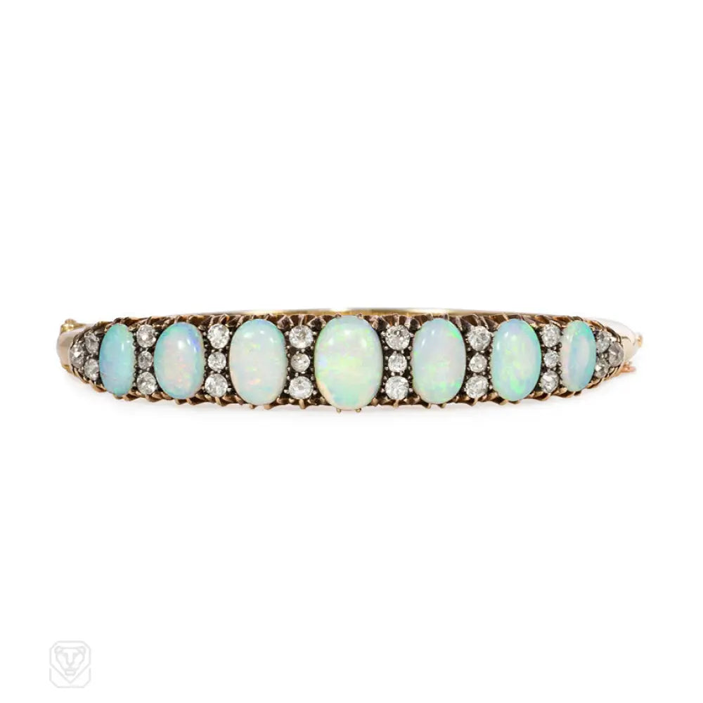 Women’s gemstone cuff bracelet-Antique opal and diamond bracelet, England