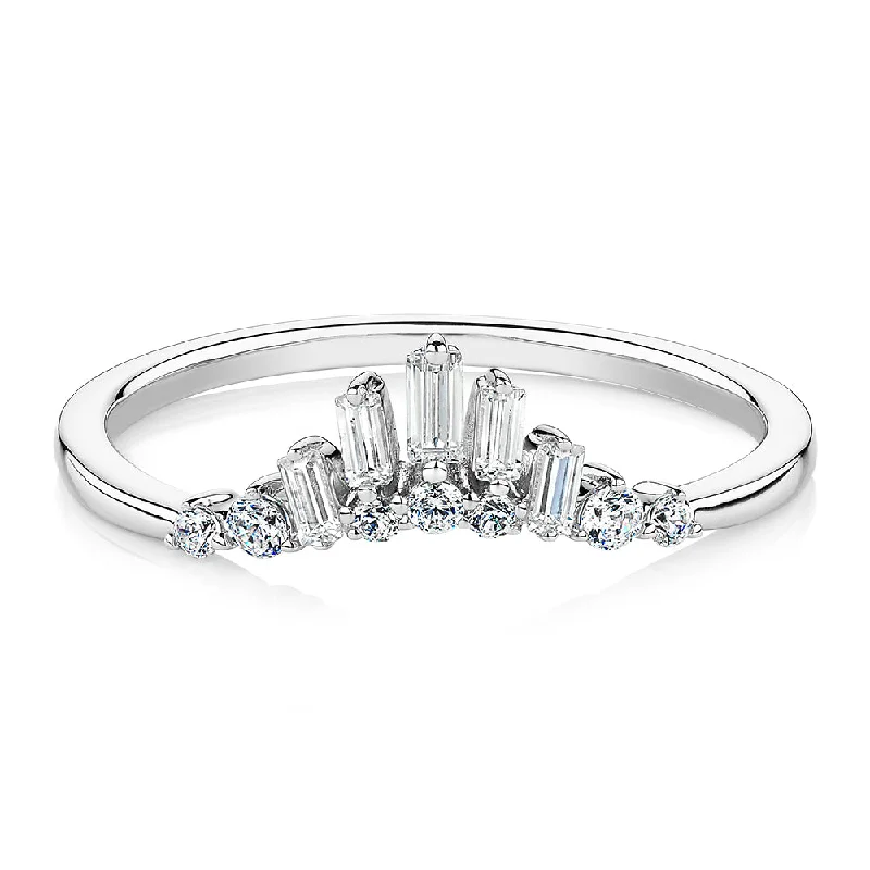 Women’s boho rings-Baguette curved wedding or eternity band with 0.35 carats* of diamond simulants in 10 carat white gold