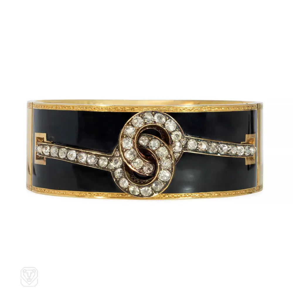 Women’s heart bracelet-Antique French diamond and black enamel cuff bracelet