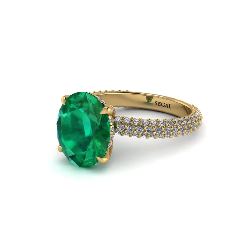 Women’s engraved engagement ring-Oval Cut Emerald Classic Pave Engagement Ring - Irene No. 4