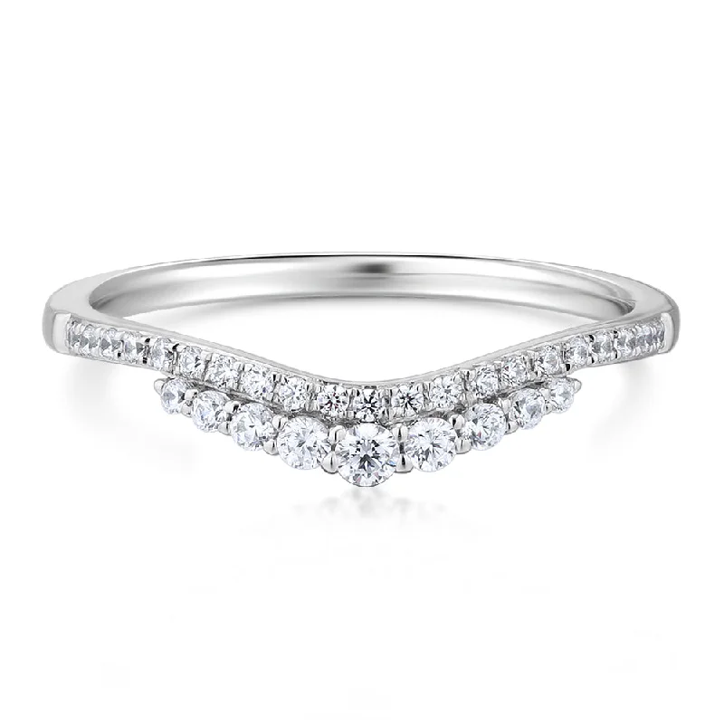 Women’s unique gemstone rings-Round Brilliant curved wedding or eternity band in 10 carat white gold