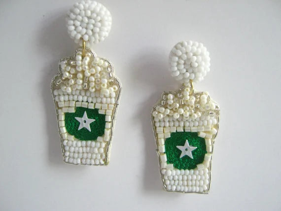 Women’s dangle earrings-Beaded Earrings, White Frappe