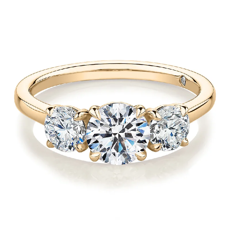 Women’s delicate rings-Signature Simulant Diamond 1.86 carat* TW round brilliant three stone ring in 14 carat yellow gold