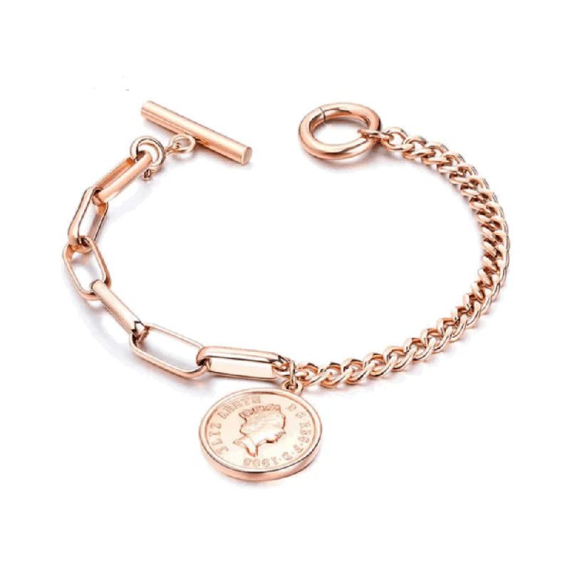 Women’s silver bangle-Link Bracelet with Coin Charm and Toggle Clasp