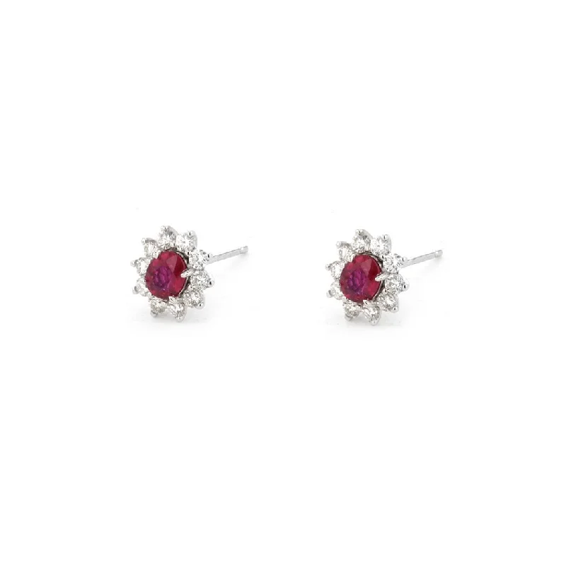 Women’s clip-on earrings-Ruby & Diamond Halo Stud Earrings