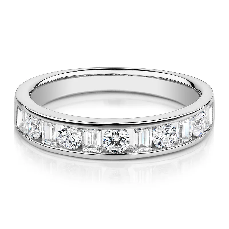 Women’s sparkly gemstone rings-Round Brilliant wedding or eternity band with 0.76 carats* of diamond simulants in 14 carat white gold