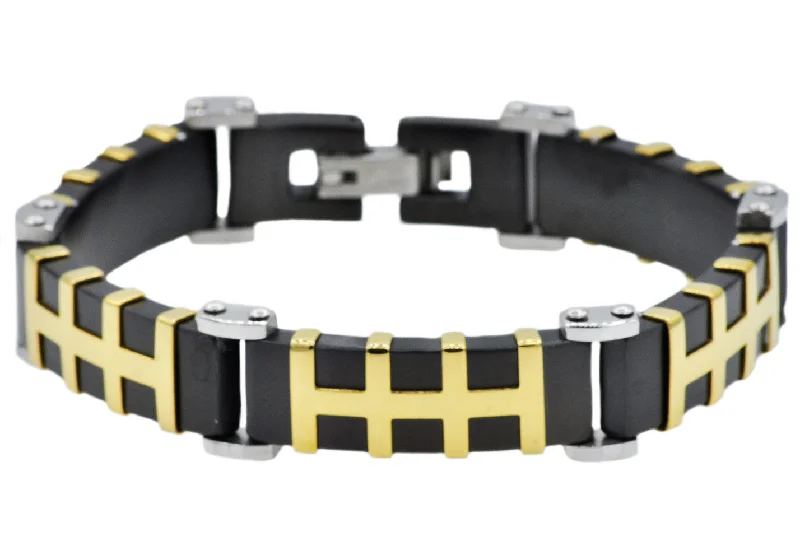 Women’s tennis bracelet-Mens Black And Gold Stainless Steel Bracelet