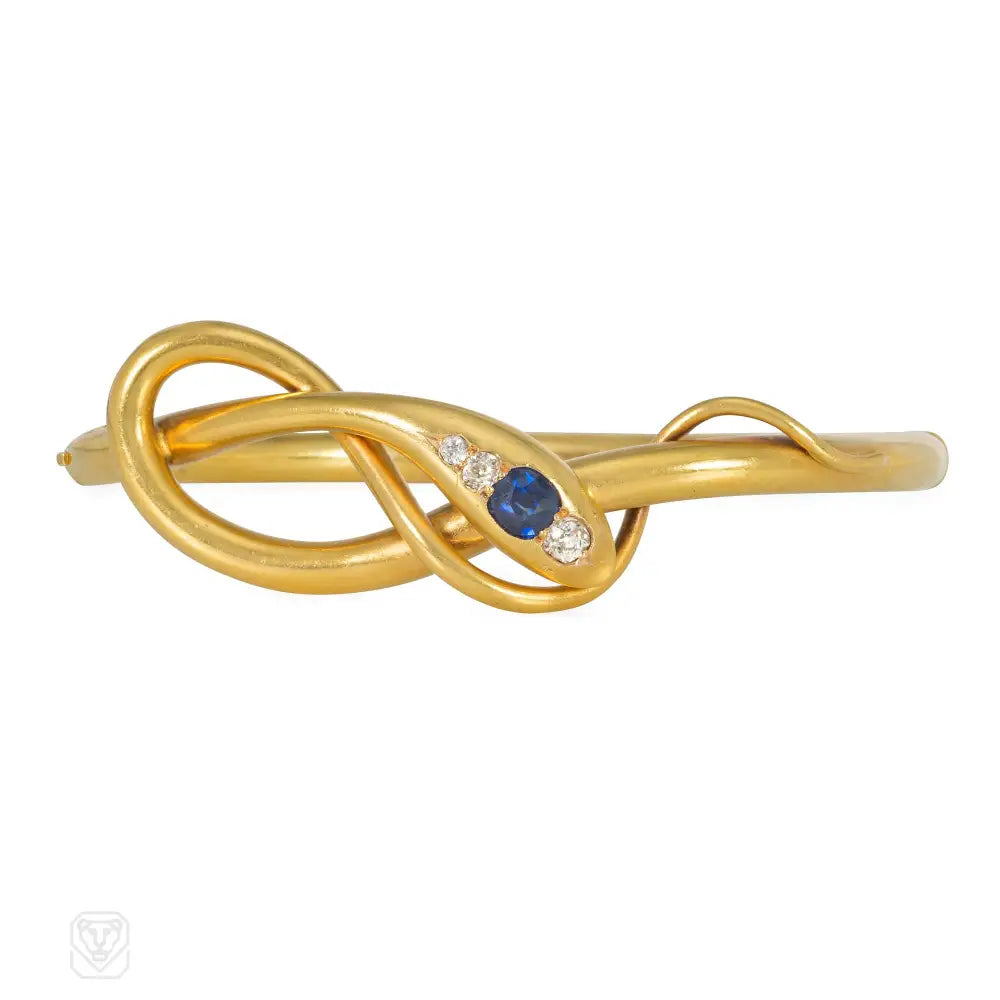 Women’s vintage bracelet-Victorian gold snake bracelet with sapphire and diamond head