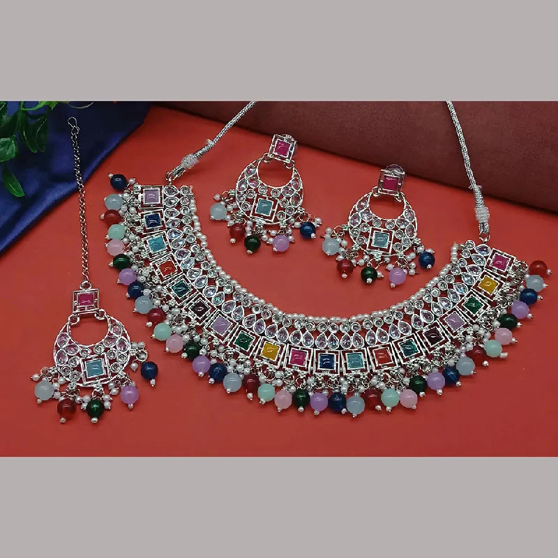 Women’s crystal pendant necklaces-Gehana Mahal Silver Plated Crystal Stone Pearl And Beads Necklace Set