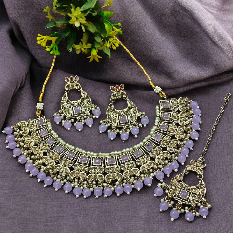 Women’s luxury diamond necklaces-Gehana Mahal Gold Plated Crystal Stone Pearl And Beads Necklace Set