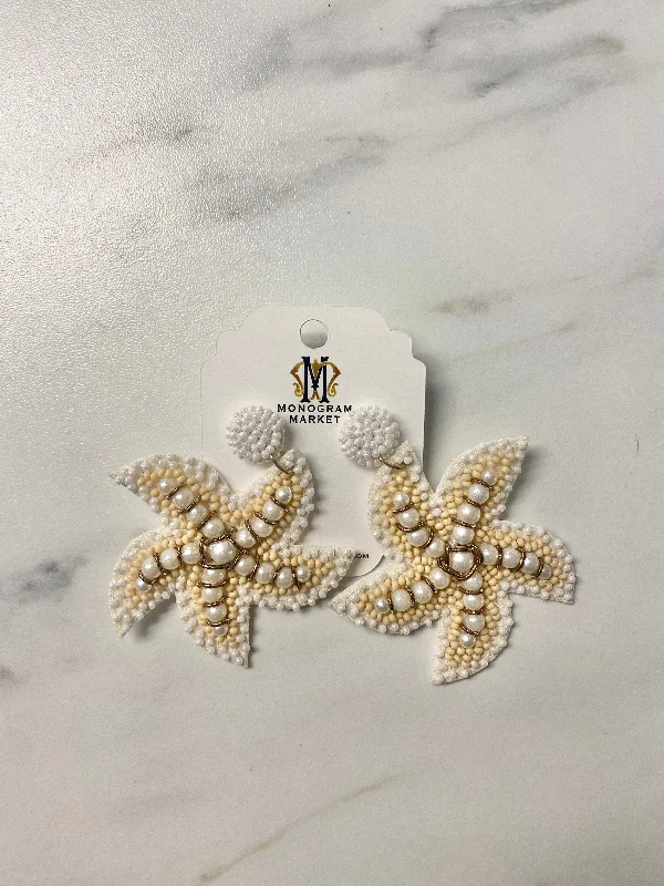 Women’s custom hoop earrings-Beaded Earrings, White Starfish