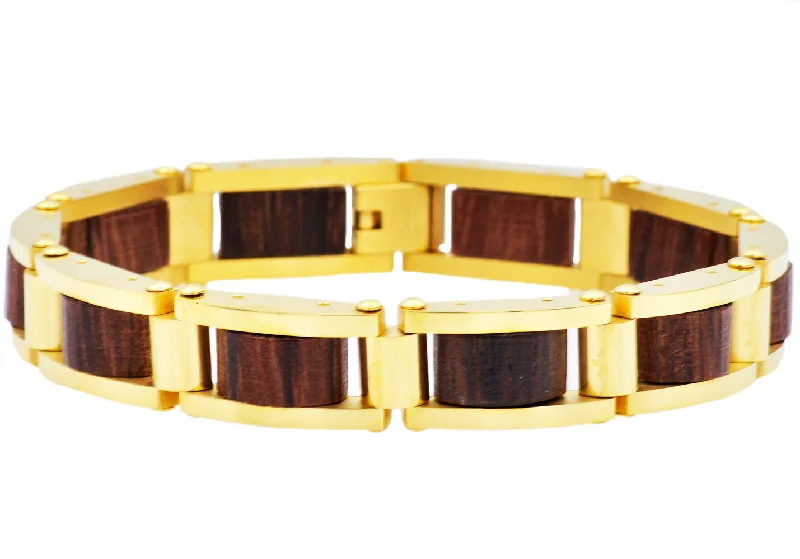 Women’s minimalist bracelet-Mens Gold Stainless Steel And Wood Bracelet