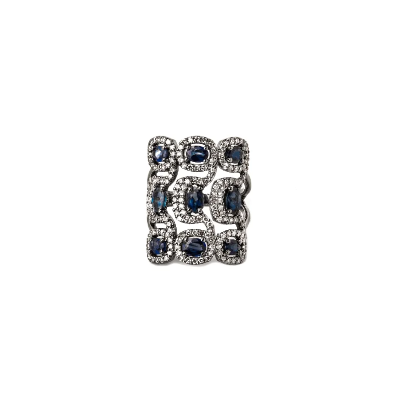 Women’s platinum rings-Nine Sapphire & Diamond Square Ring