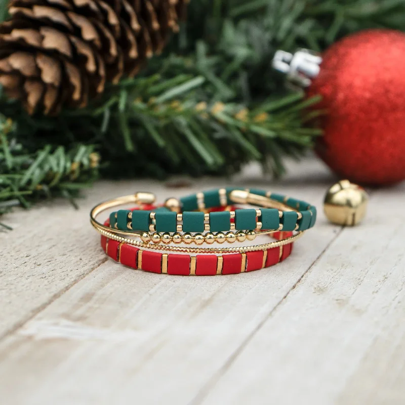 Women’s chic gold bracelet-JINGLE - Red, Green & Gold Holiday Bracelet Stack