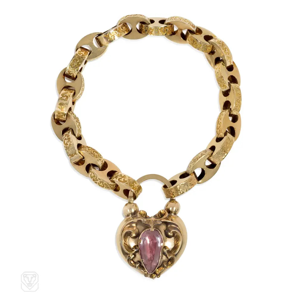 Women’s elegant bracelet-Antique pink topaz and gold heart padlock bracelet