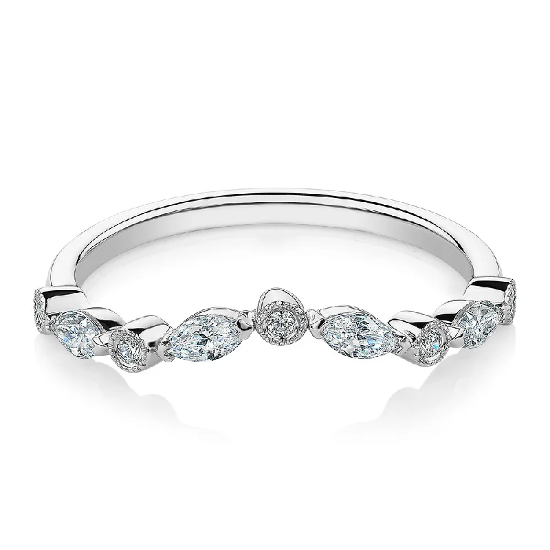 Women’s adjustable rings-Marquise curved wedding or eternity band with 0.43 carats* of diamond simulants in 10 carat white gold