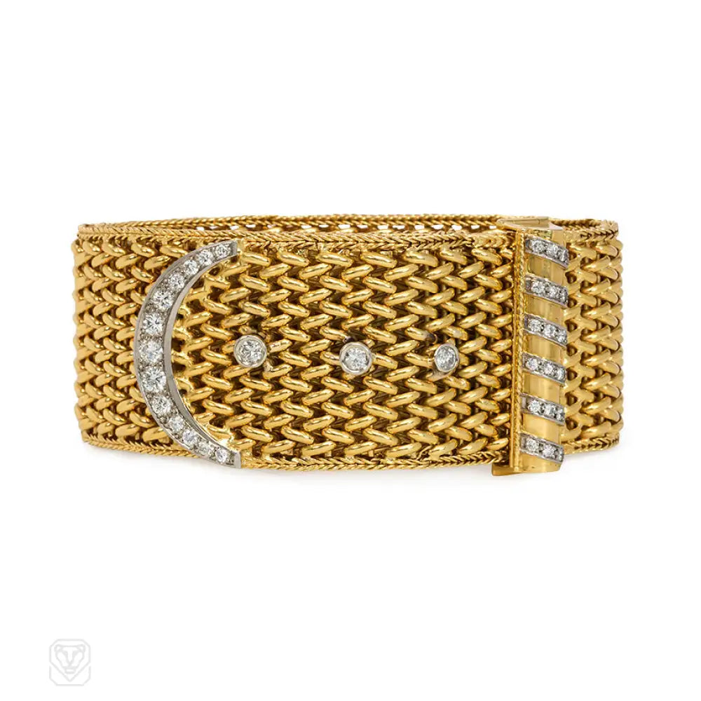 Women’s silver bangle-Woven gold and diamond buckle bracelet, French import