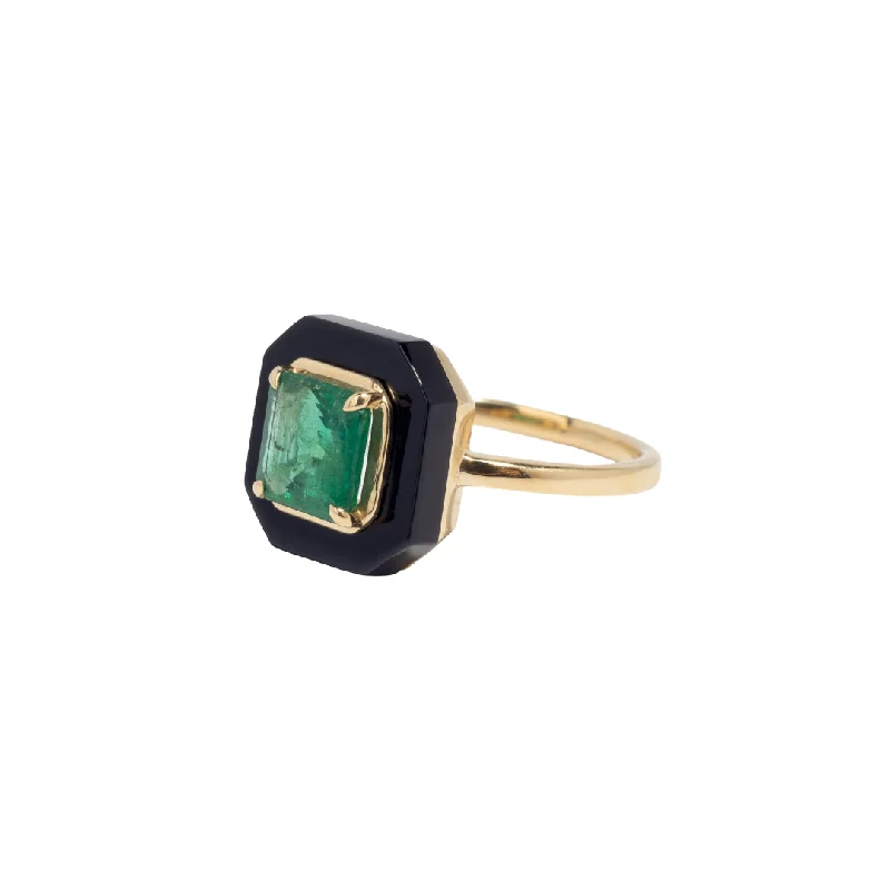 Women’s gold-plated rings-Rite of Initiation Emerald & Onyx Ring