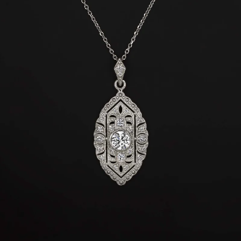 Women’s heart-shaped necklaces-0.47ct NATURAL DIAMOND VINTAGE STYLE PENDANT ART DECO NECKLACE DROP WHITE GOLD