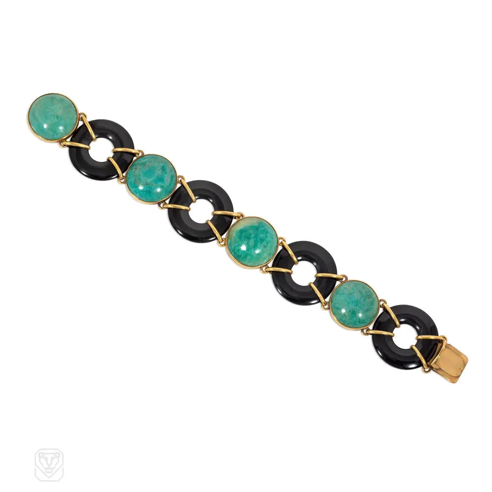 Women’s double bangle bracelet-1920s French onyx, amazonite, and gold bracelet