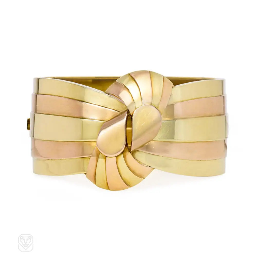 Women’s textured bracelet-Retro two-color gold knot cuff bracelet, France