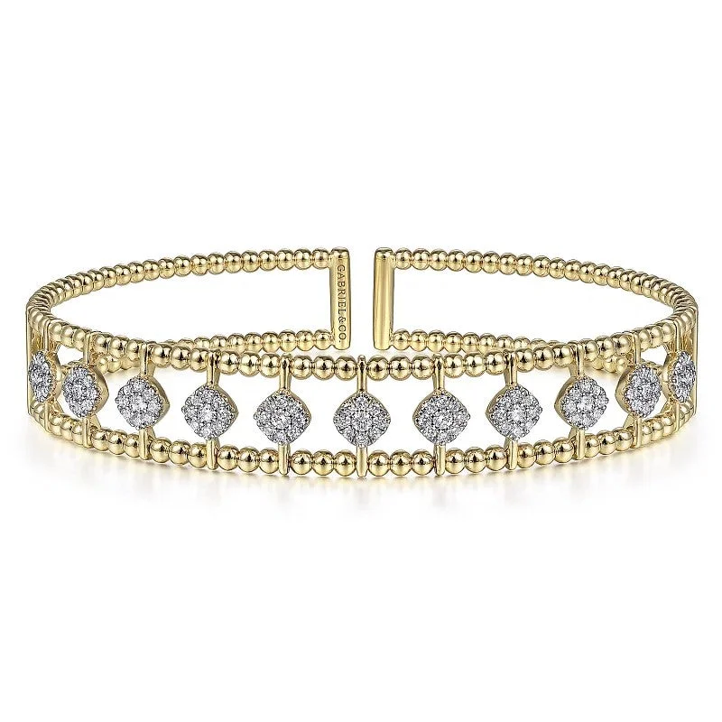 Women’s silver bracelet-14K Yellow Gold Bujukan Bead Cuff Bracelet with Pave Diamond Connectors