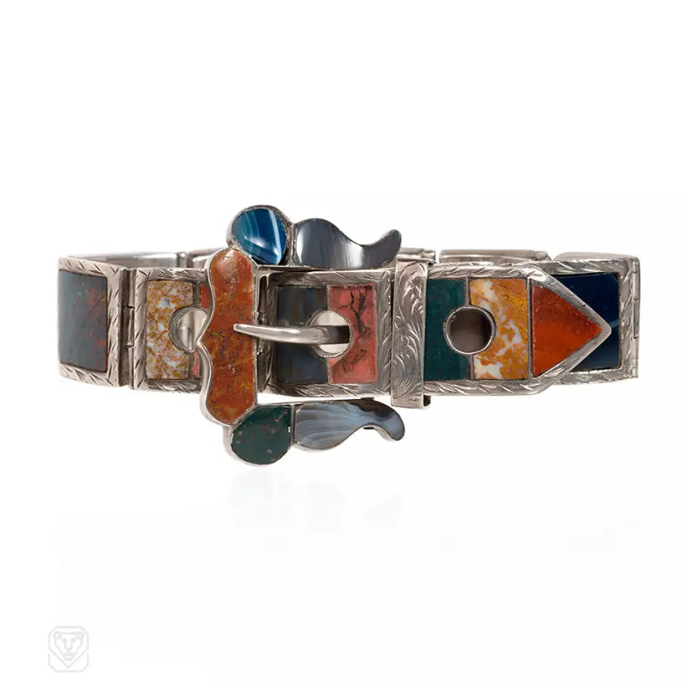 Women’s diamond cuff bracelet-Victorian Scottish agate and silver belt buckle bracelet