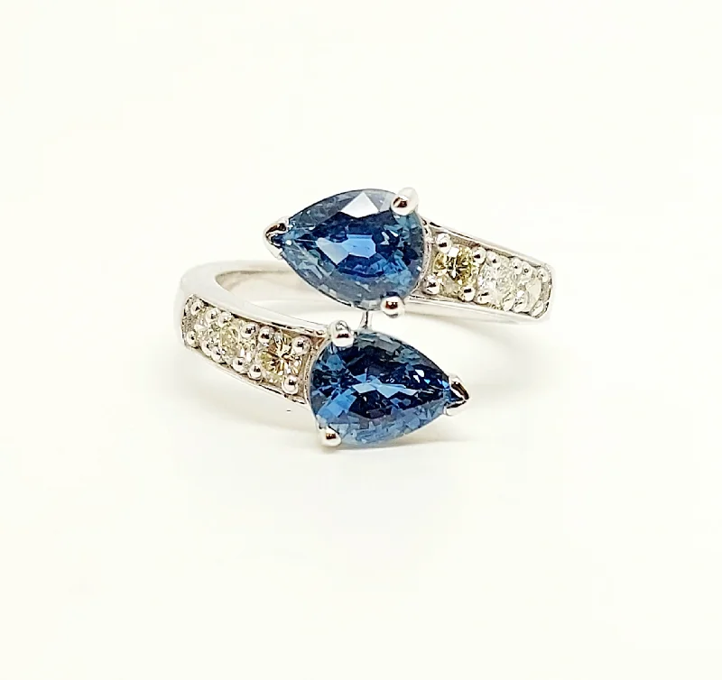 Women’s chic statement rings-Blue Sapphire  And Diamond Two Stone Ring In 14k White Gold