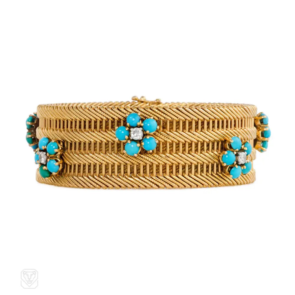 Women’s bangle bracelet-Gold bracelet with turquoise and diamond flower clusters