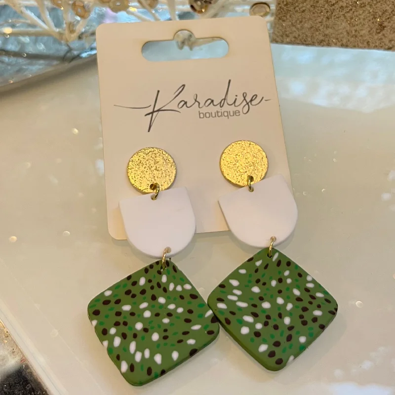 Women’s chic earrings-Evergreen White, Gold, & Green Dangle Earrings