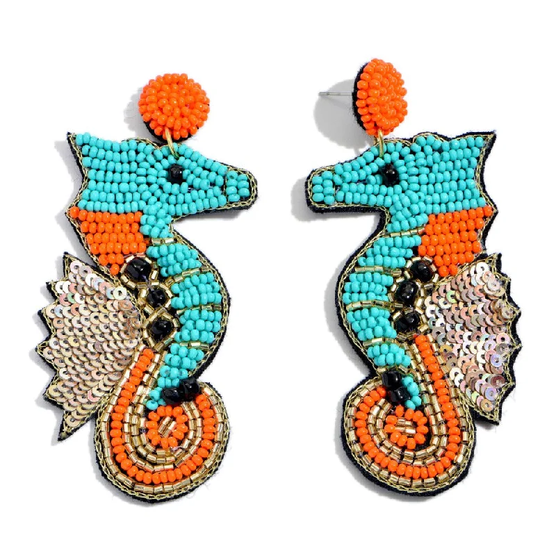 Women’s gemstone earrings-Beaded Earrings, Orange and Blue Seahorses