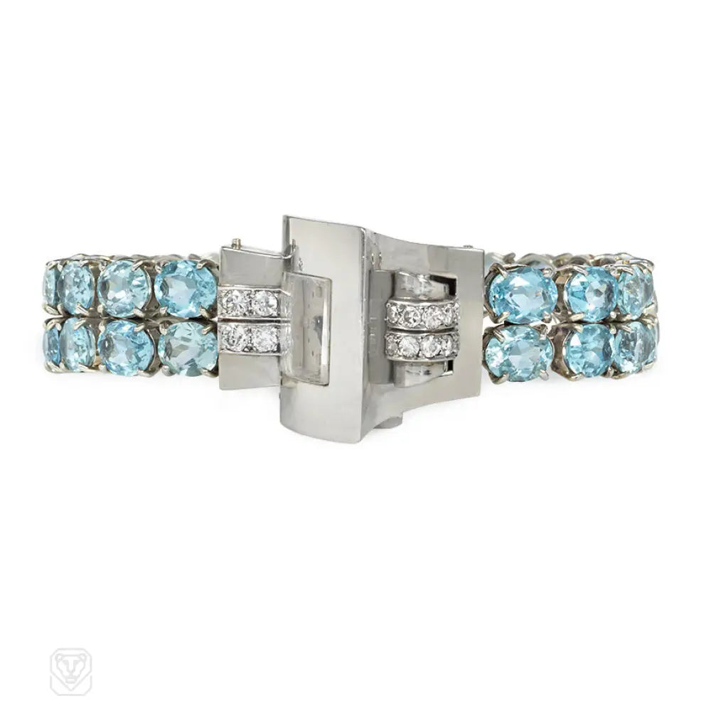 Women’s colorful bangle-Verger Frères Art Deco aquamarine, diamond, and white gold bracelet watch