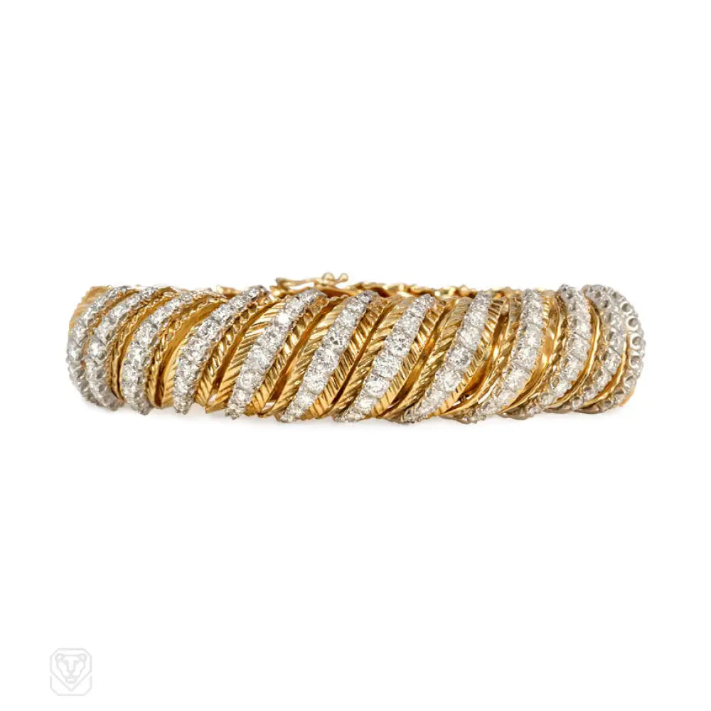 Women’s custom bracelet-Ribbed gold and diamond bracelet, Hammerman Bros.