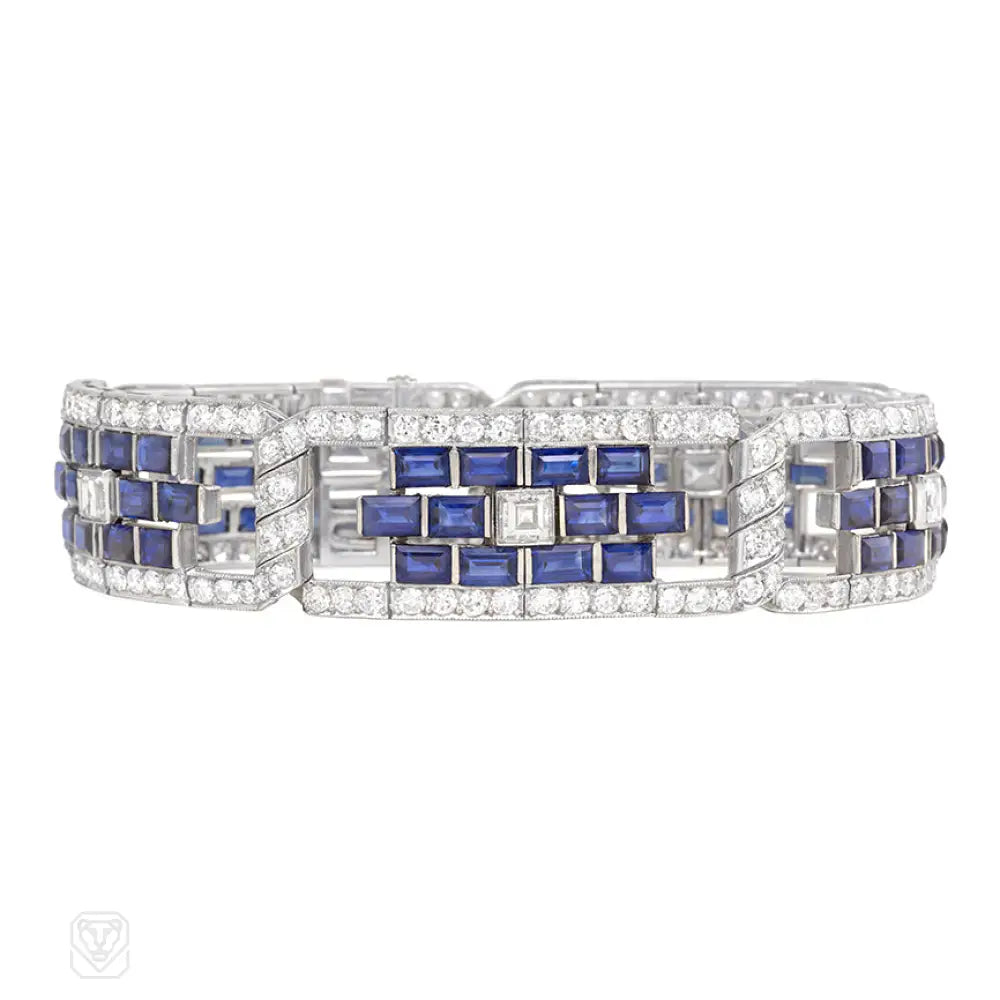 Women’s multi-stone bracelet-Superb Art Deco sapphire and diamond plaque bracelet